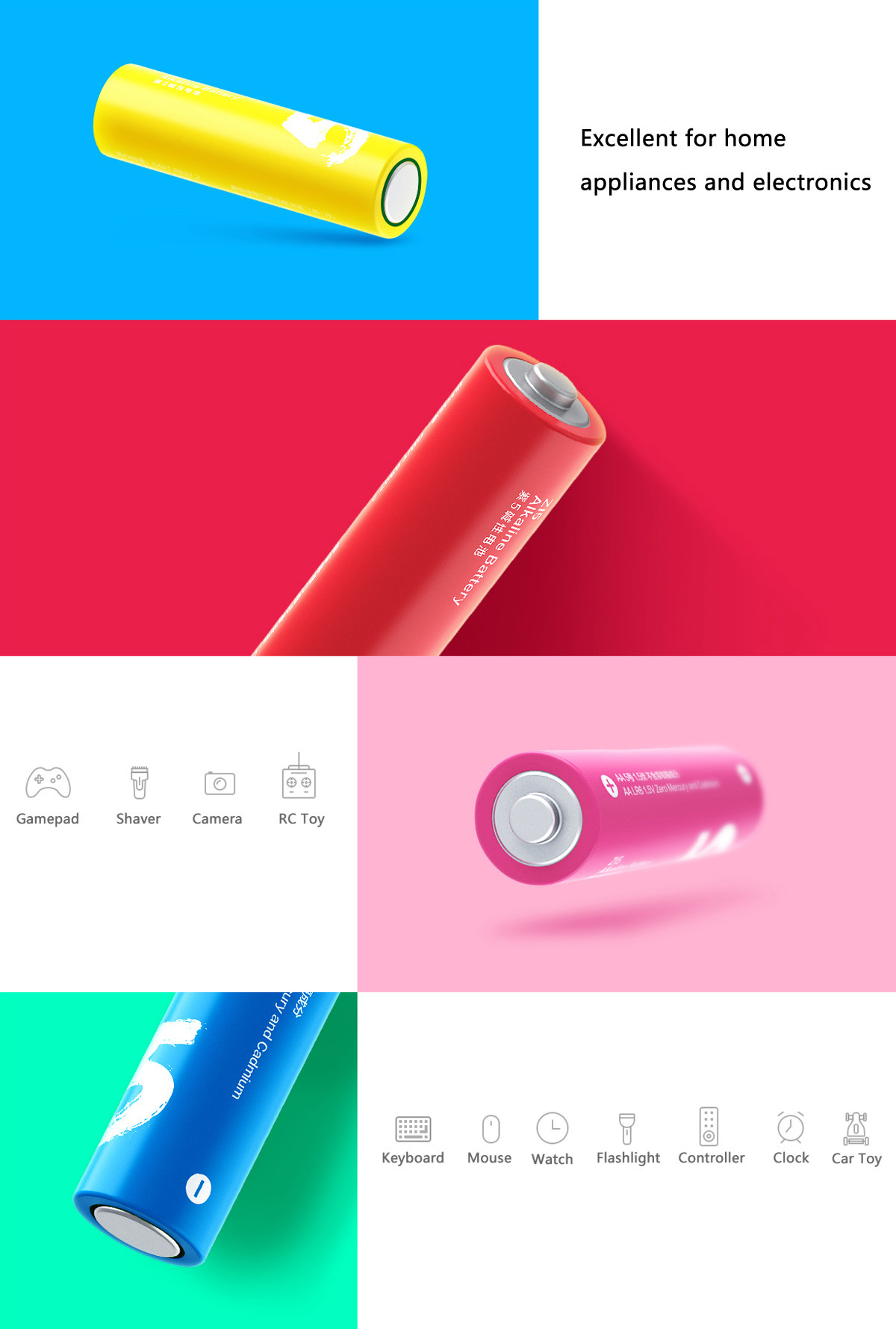 10 x Orijinal Xiaomi Zi5 Rainbow AA Alkalin Pil- Renkli